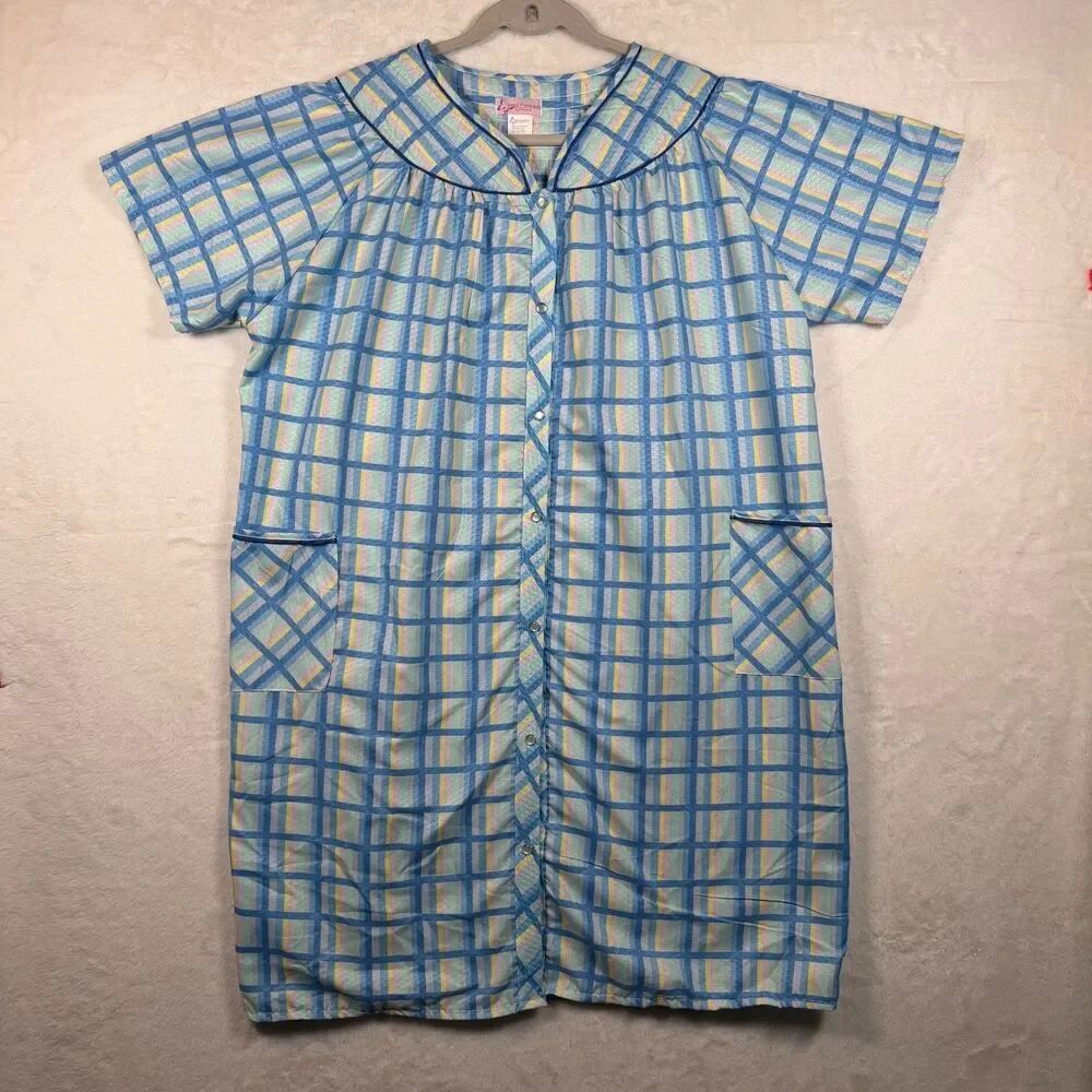Tati Fashion Sleepwear House Dress XL Blue Plaid Pearl Snap Short Sleeve Pockets